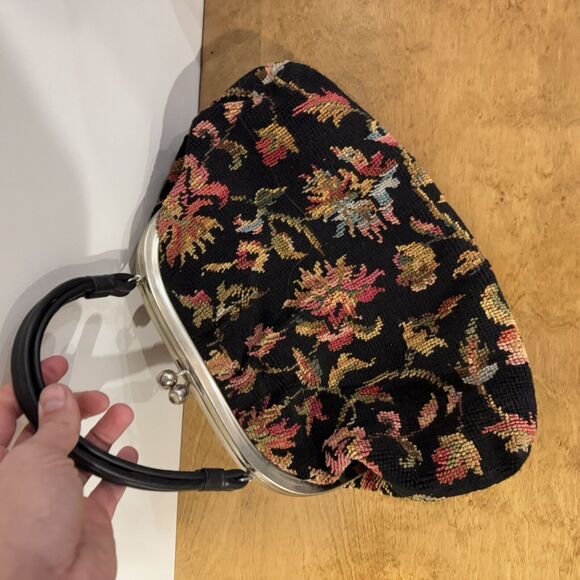 Vintage 50s 60s ?? Needlepoint Tapestry Carpet Bag Floral Purse Top Handle - BUB - Picture 4 of 5